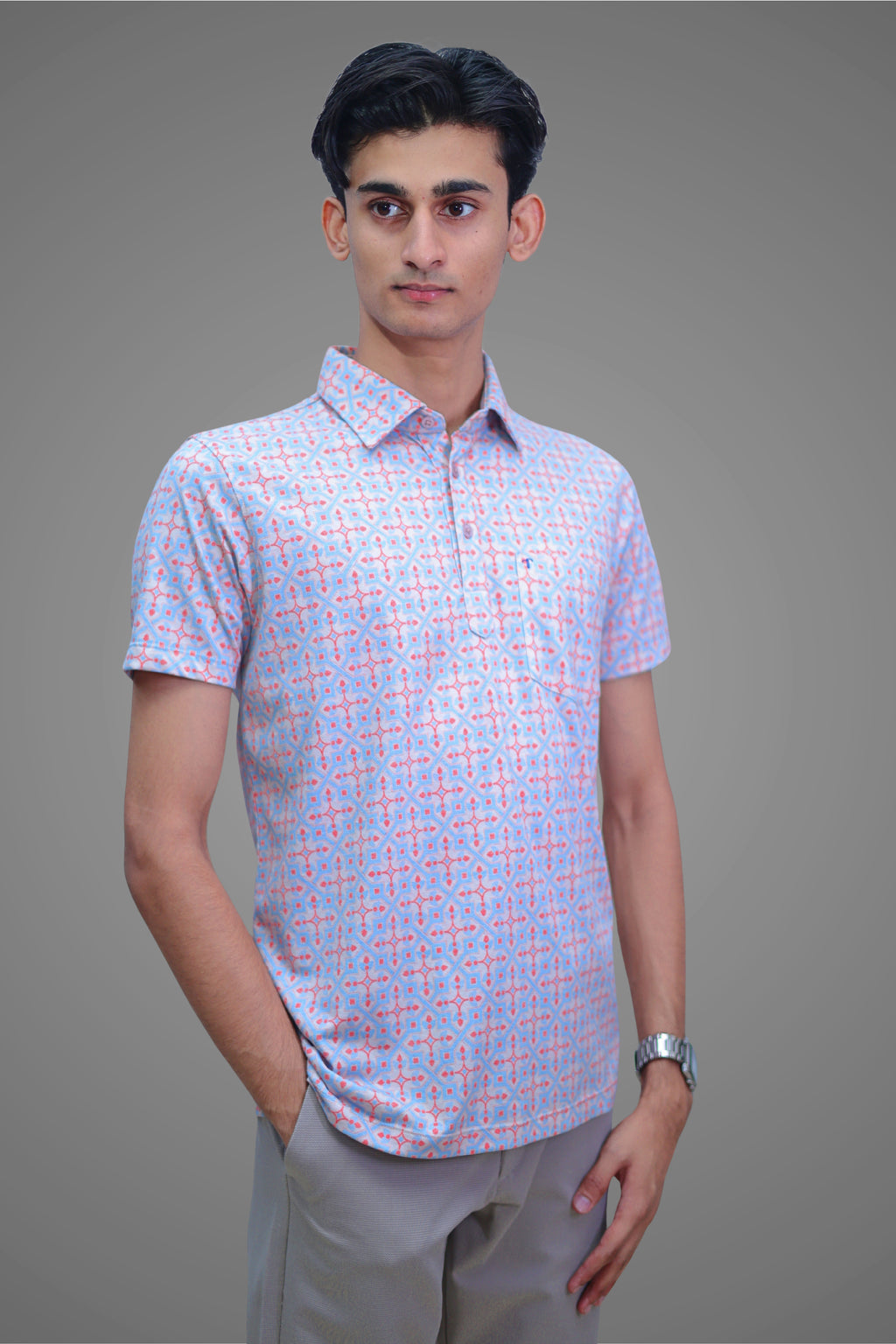 FORMAL OFFICE POLO -Blue/Orange Geometric Print inspired by Trigonometry
