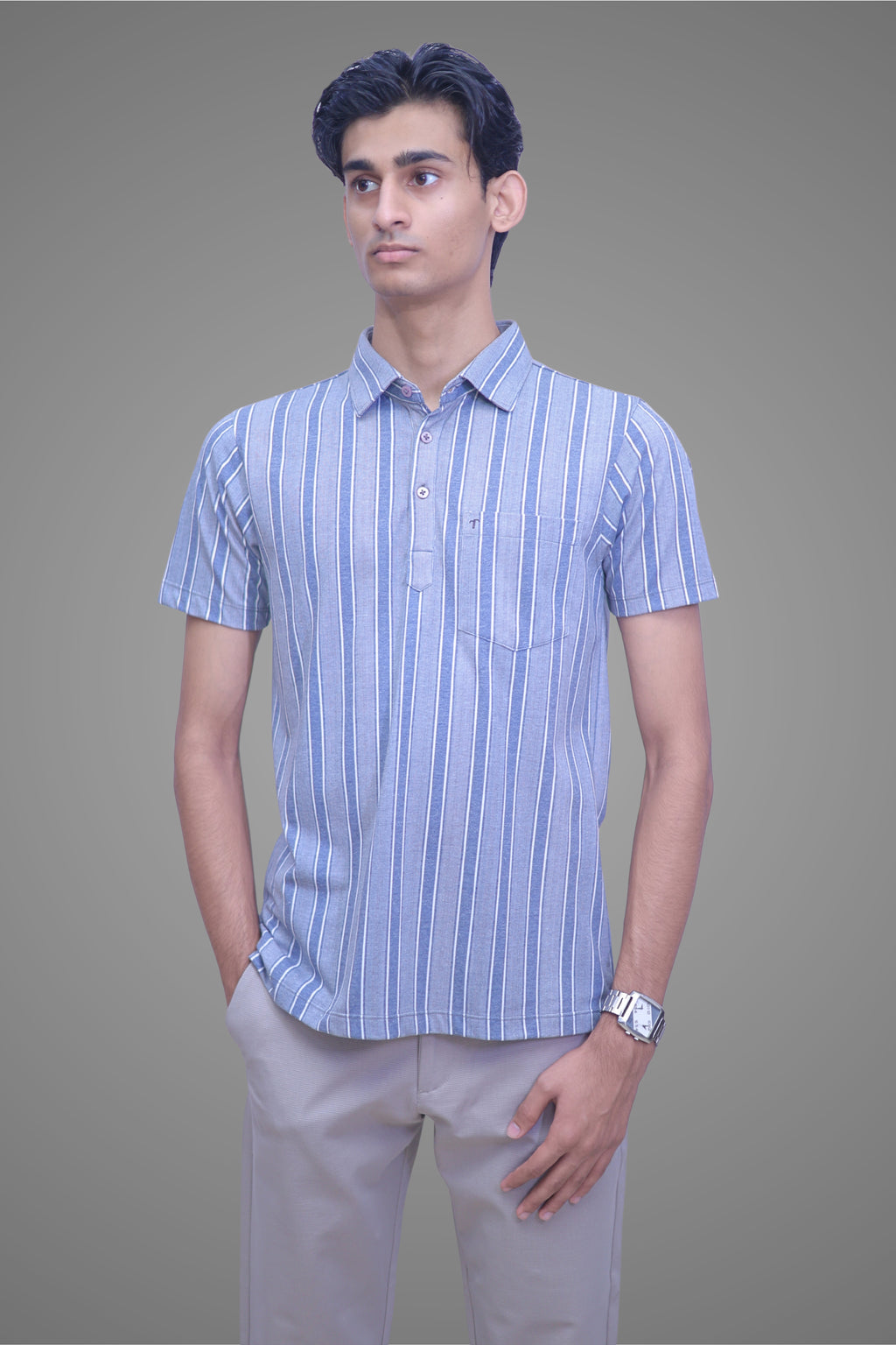 FORMAL OFFICE POLO -Grey/Blue Bold Stripes Print inspired by Monday Office Blues