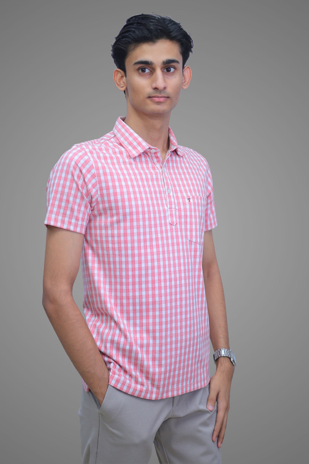 FORMAL OFFICE POLO -Pink Brick Madras Check Print inspired by Brick in the Wall