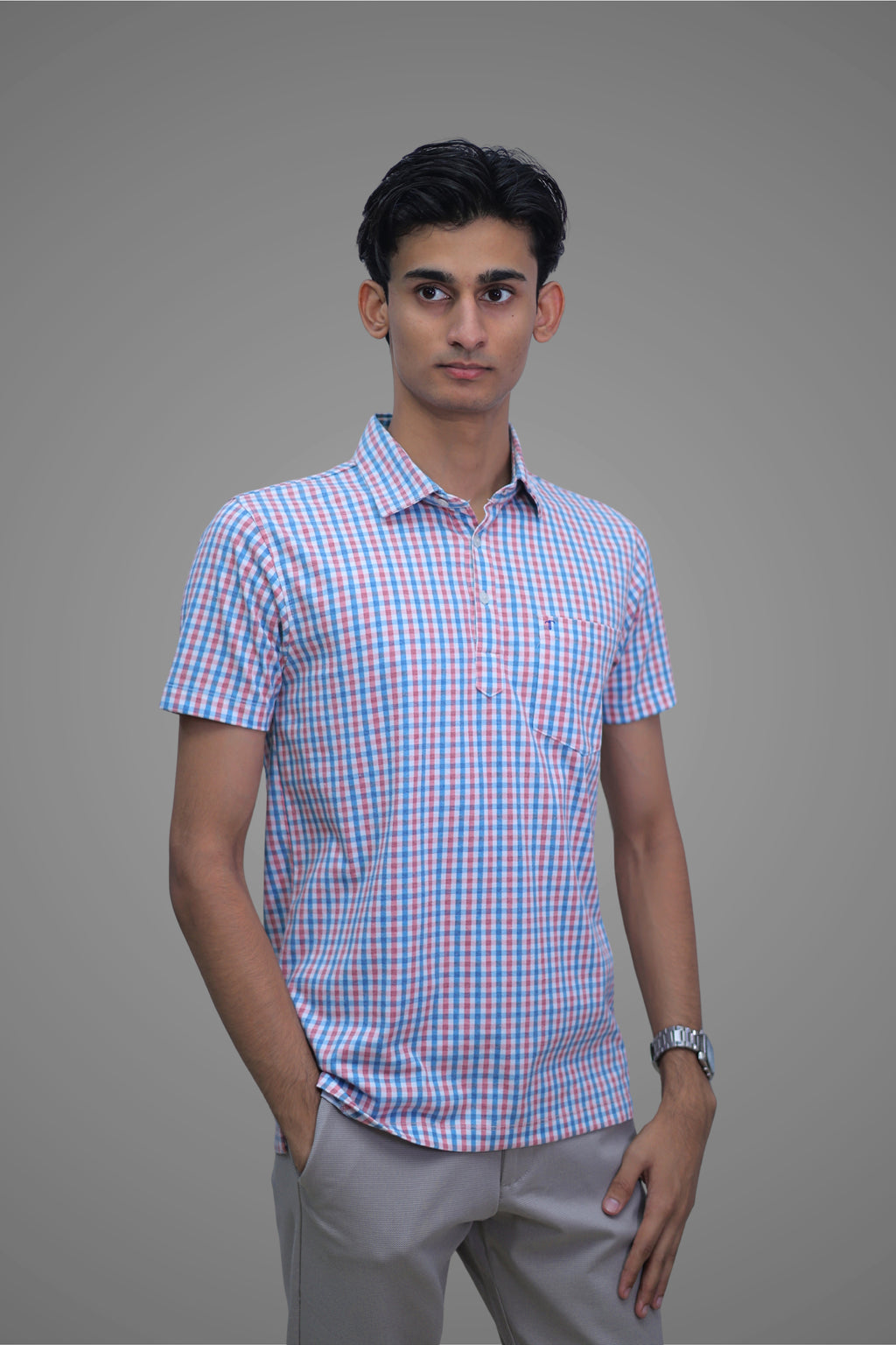 FORMAL OFFICE POLO -Red/Blue Madras Check Print inspired by 80’s Simple Living