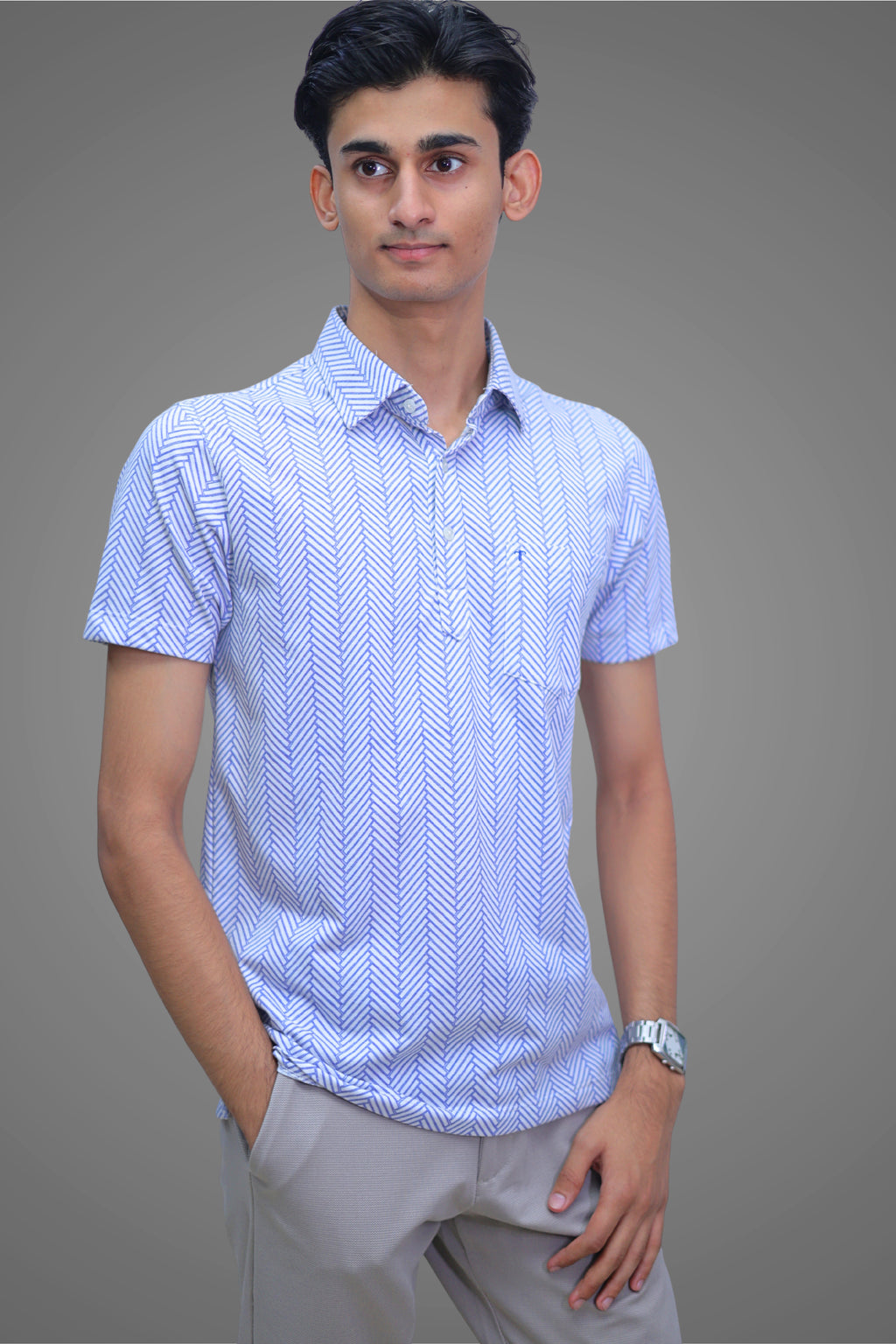 FORMAL OFFICE POLO -Blue/White Slant Print inspired by One-Color Illusion