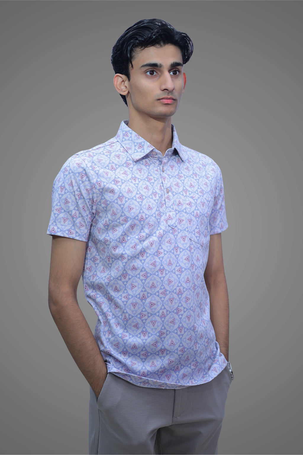 FORMAL OFFICE POLO - Blue/Pink Triangular Print inspired by Symmetrical Art