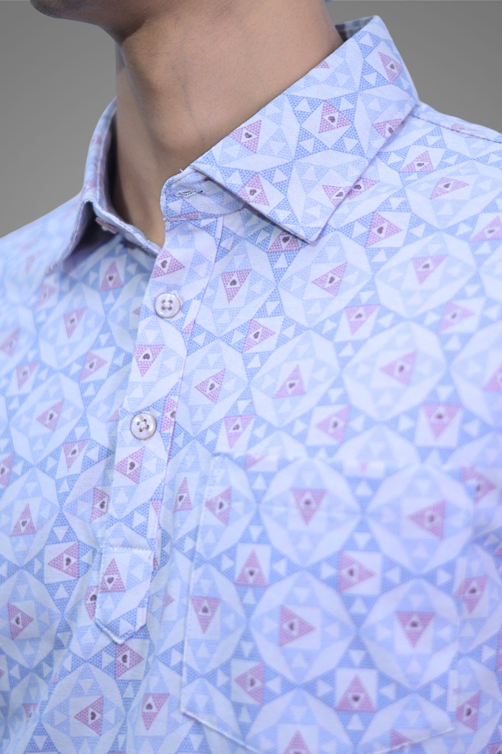 FORMAL OFFICE POLO - Blue/Pink Triangular Print inspired by Symmetrical Art