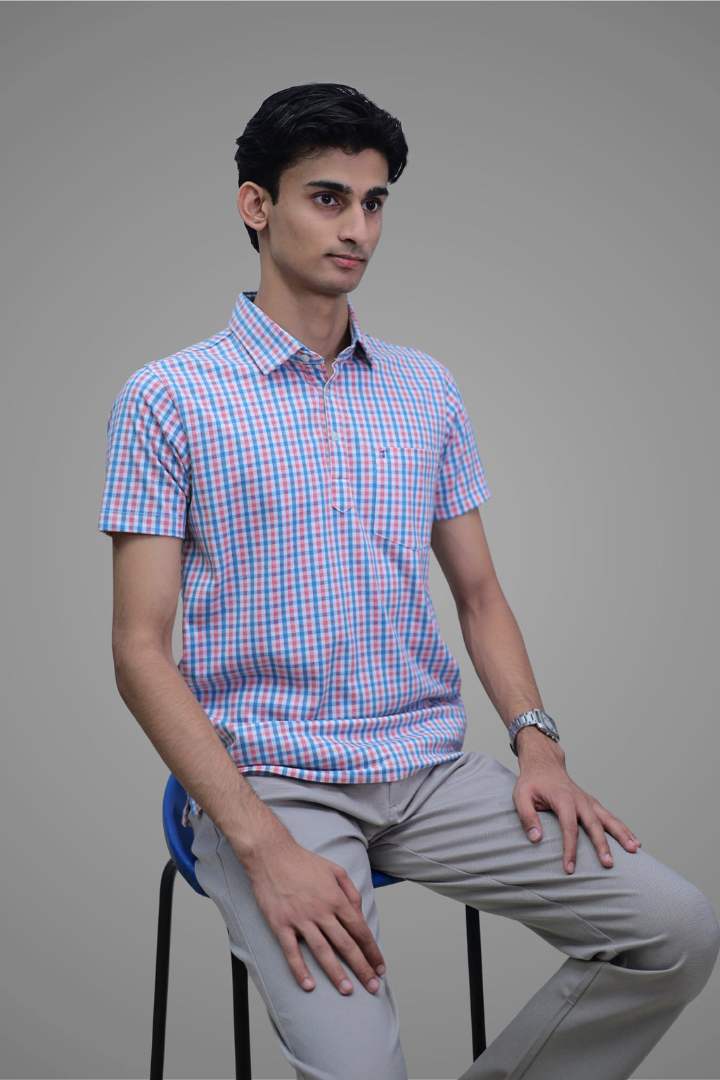 FORMAL OFFICE POLO -Red/Blue Madras Check Print inspired by 80’s Simple Living