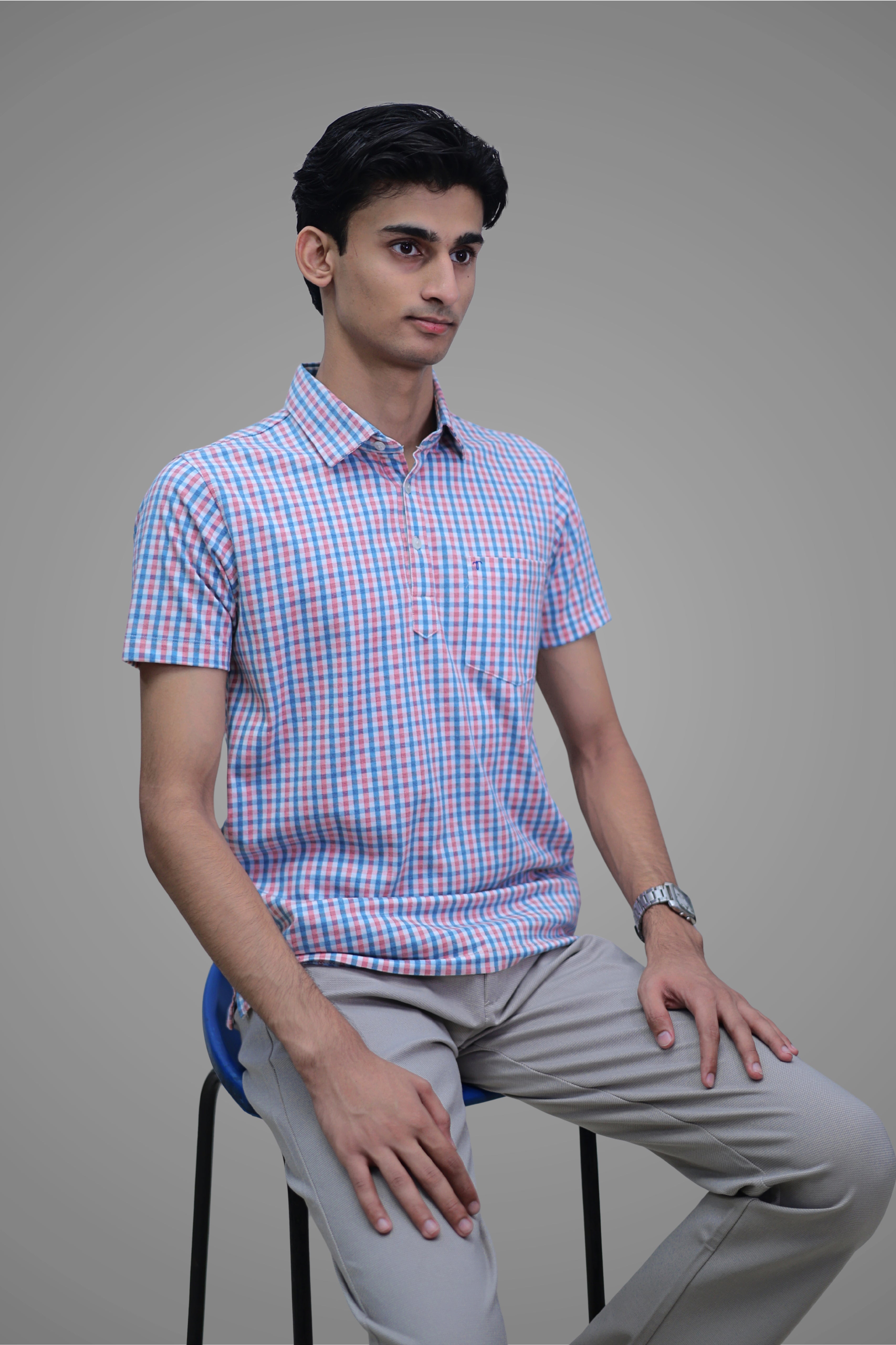 FORMAL OFFICE POLO -Red/Blue Madras Check Print inspired by 80’s Simple Living