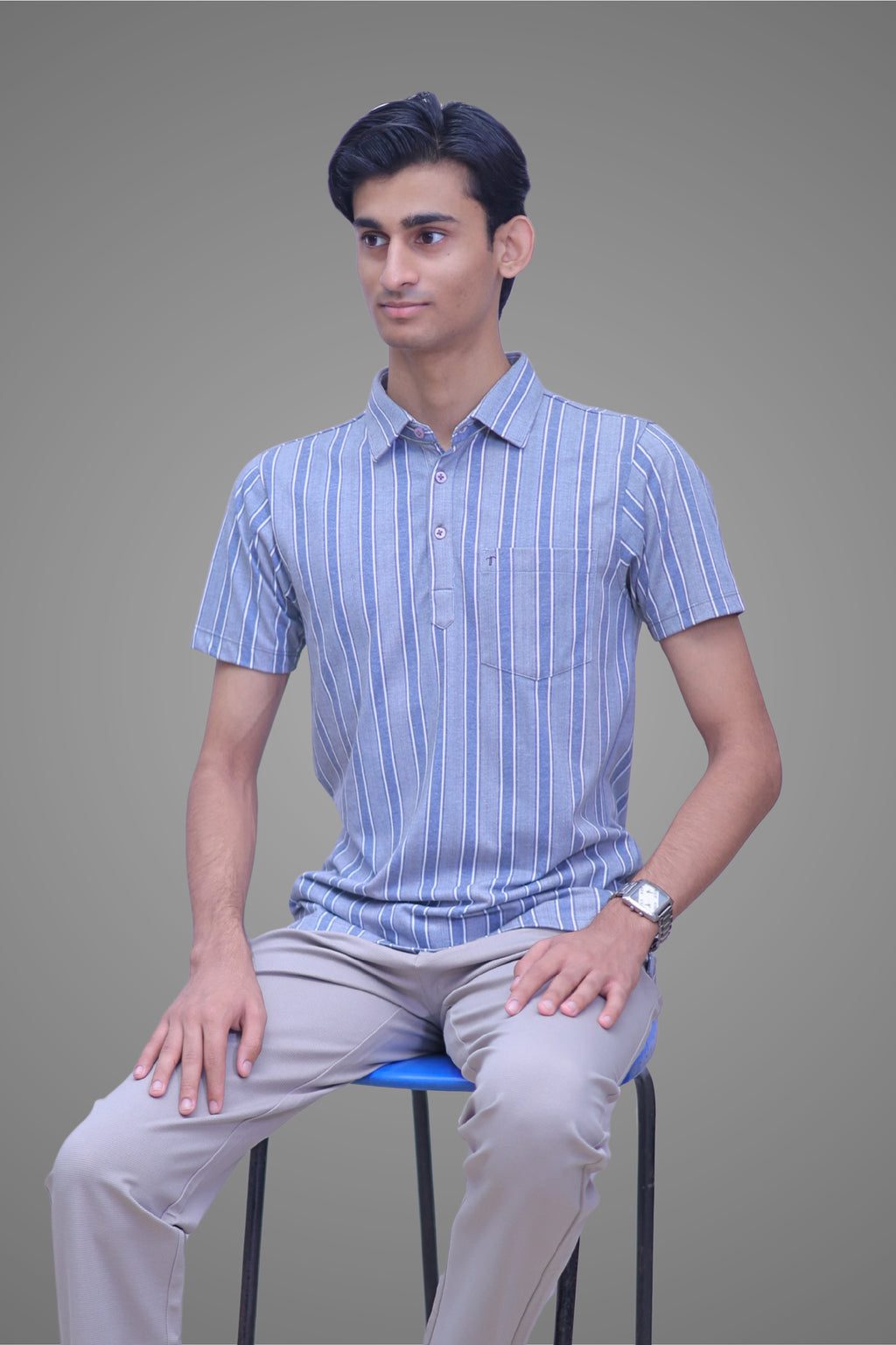 FORMAL OFFICE POLO -Grey/Blue Bold Stripes Print inspired by Monday Office Blues