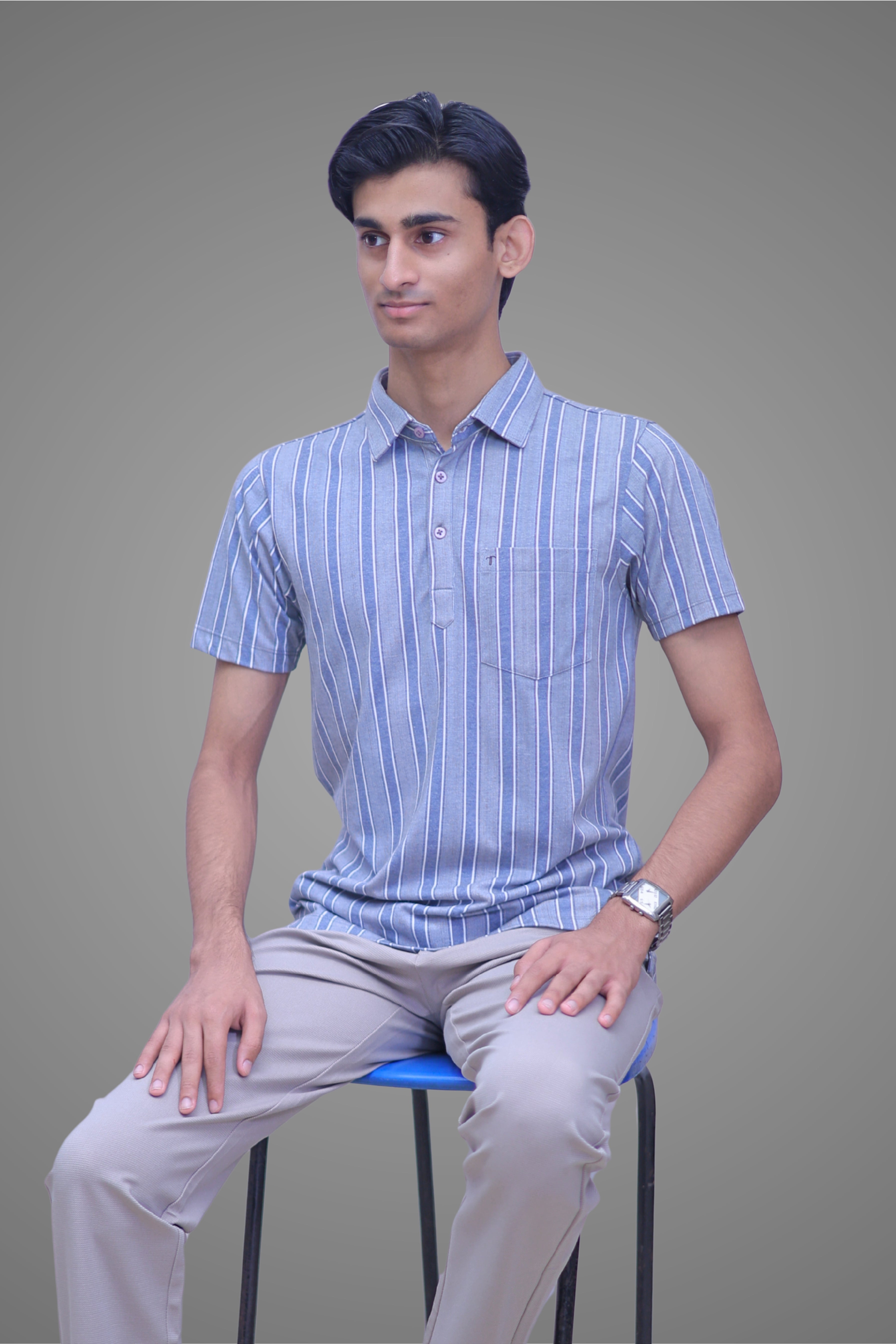 FORMAL OFFICE POLO -Grey/Blue Bold Stripes Print inspired by Monday Office Blues
