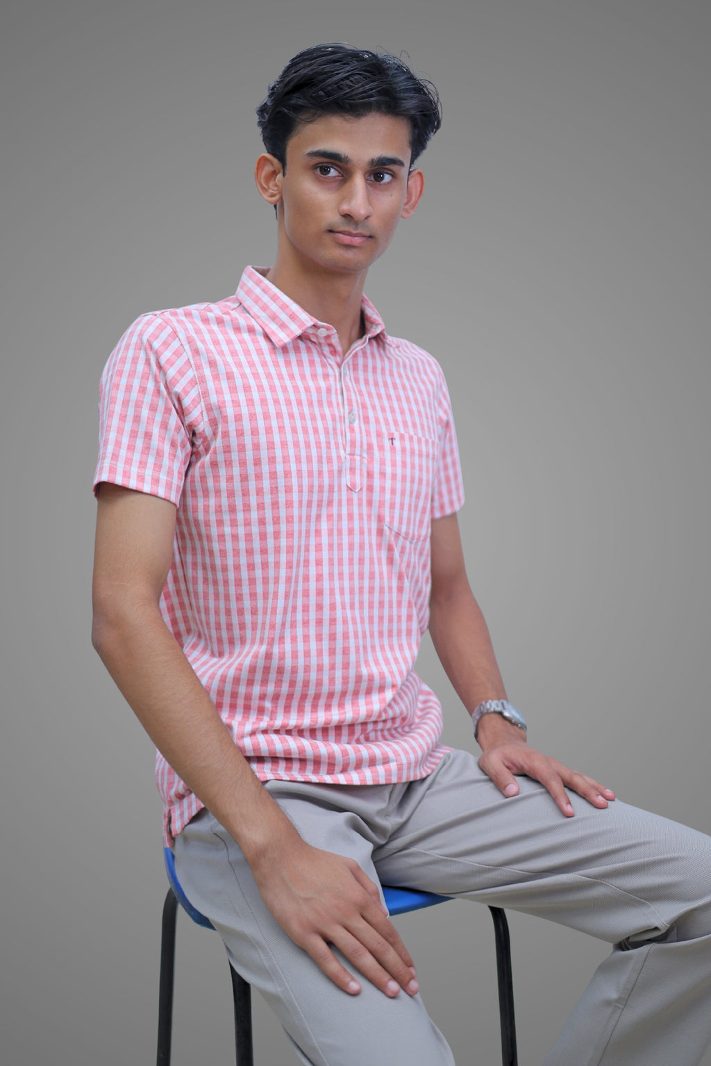 FORMAL OFFICE POLO -Pink Brick Madras Check Print inspired by Brick in the Wall