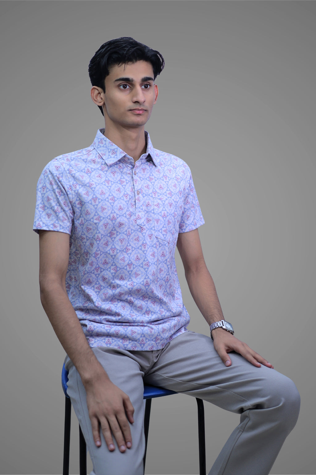 FORMAL OFFICE POLO - Blue/Pink Triangular Print inspired by Symmetrical Art