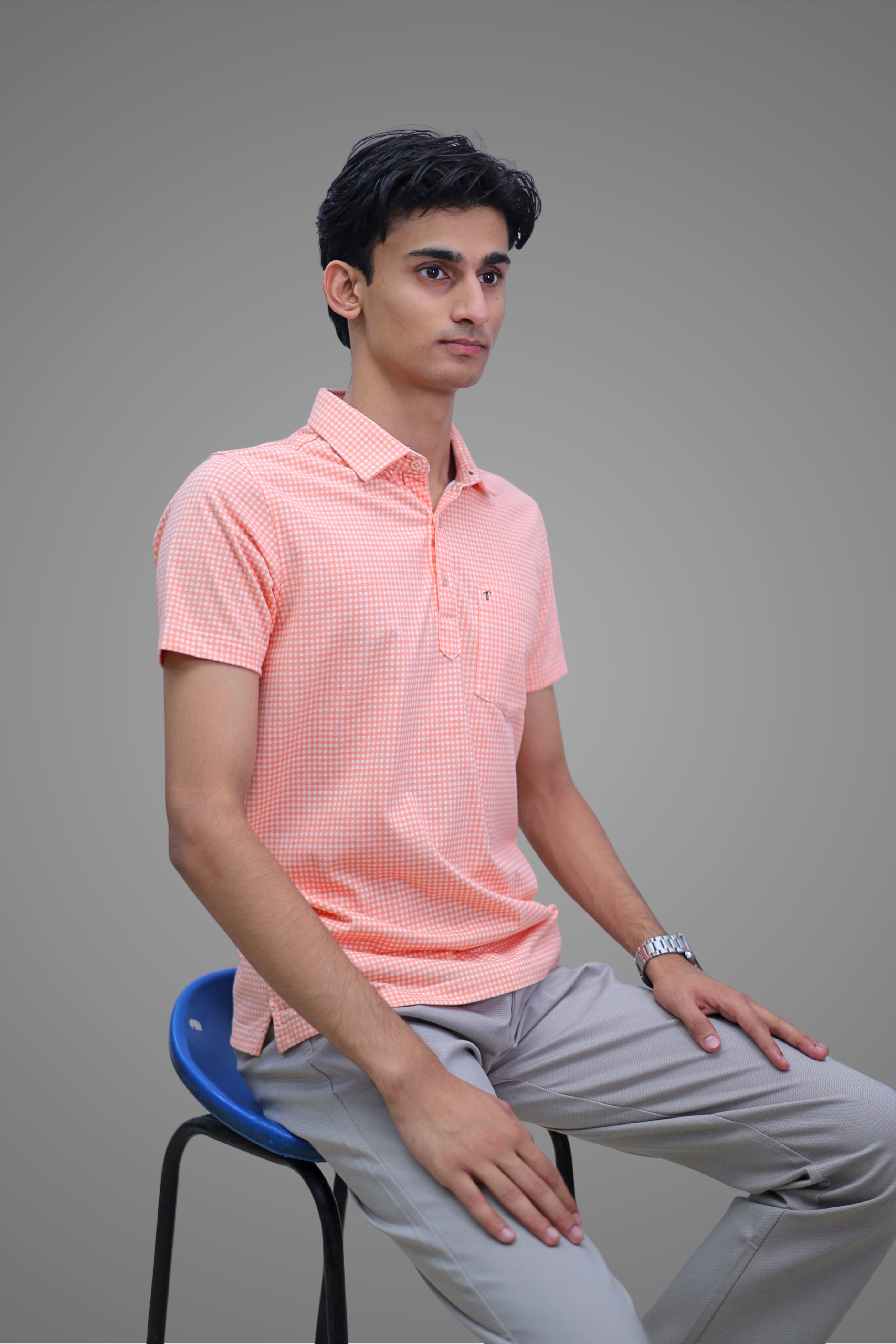 FORMAL OFICE POLO - Light Orange Gingham Check Print inspired by Old School Fashion