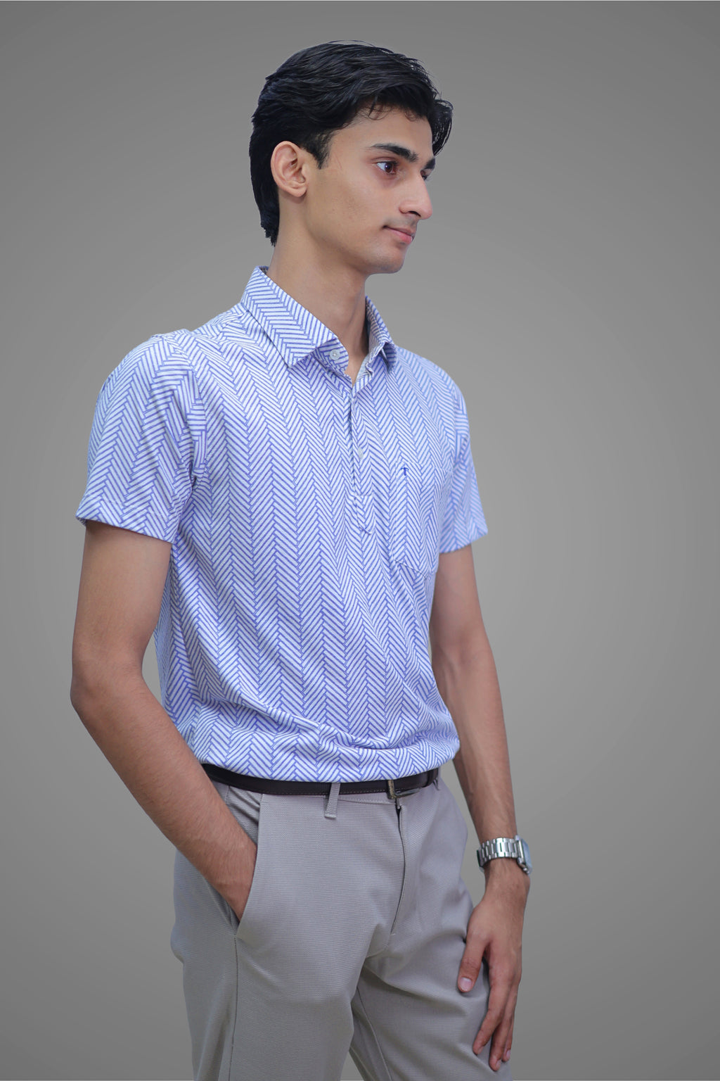 FORMAL OFFICE POLO -Blue/White Slant Print inspired by One-Color Illusion