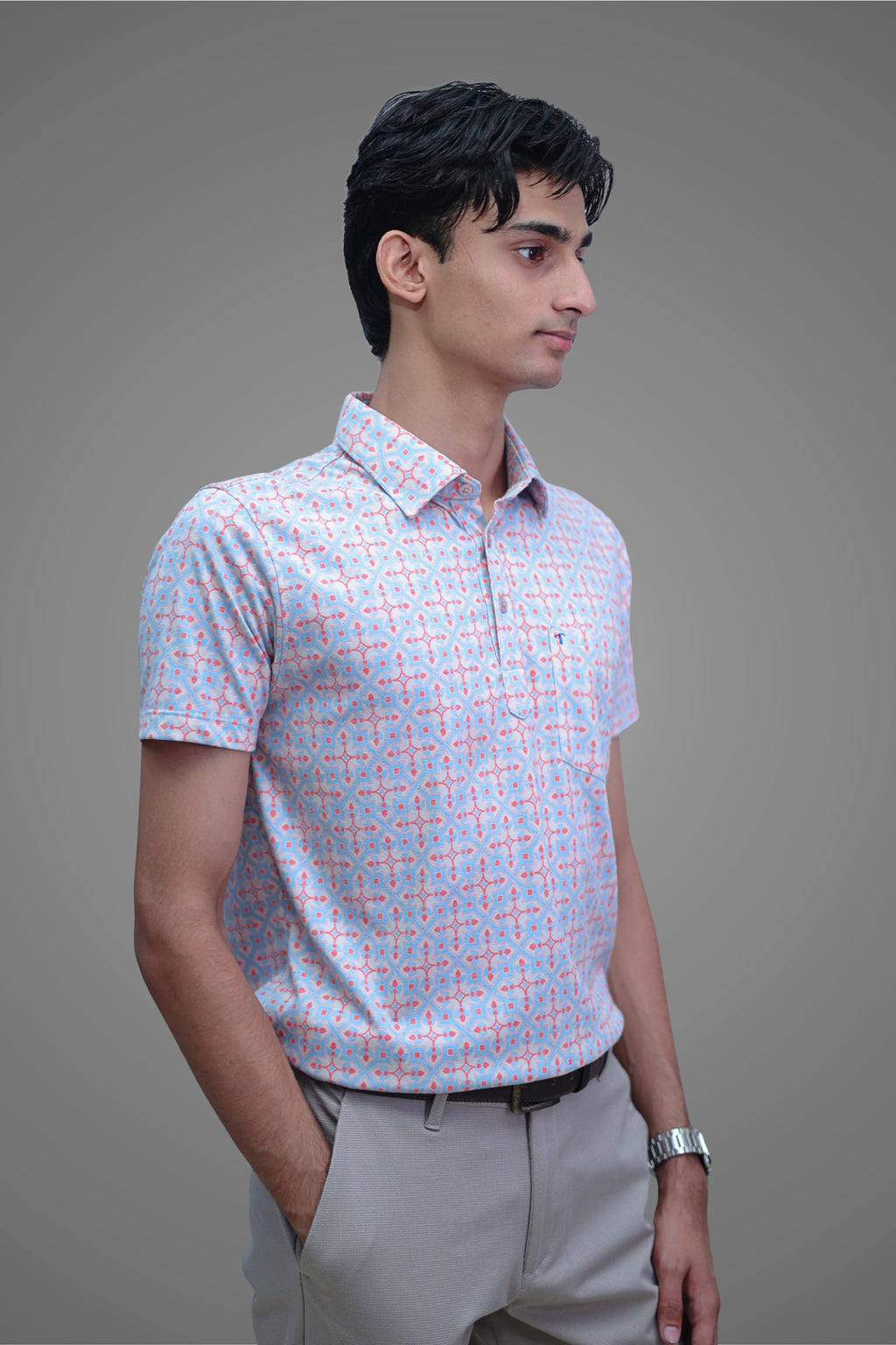 FORMAL OFFICE POLO -Blue/Orange Geometric Print inspired by Trigonometry