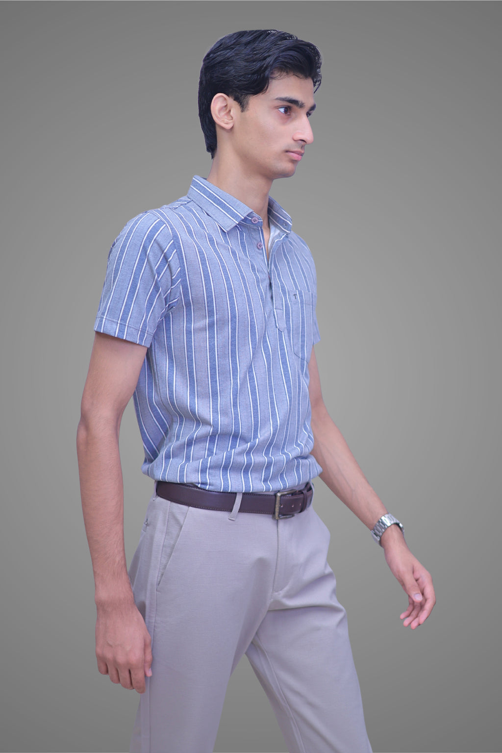 FORMAL OFFICE POLO -Grey/Blue Bold Stripes Print inspired by Monday Office Blues
