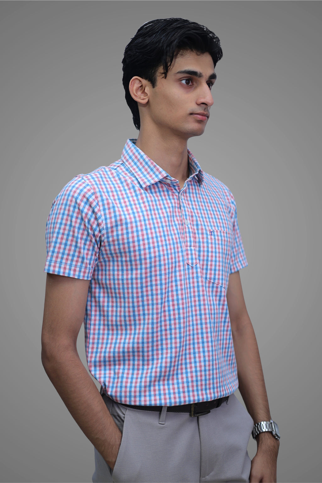 FORMAL OFFICE POLO -Red/Blue Madras Check Print inspired by 80’s Simple Living