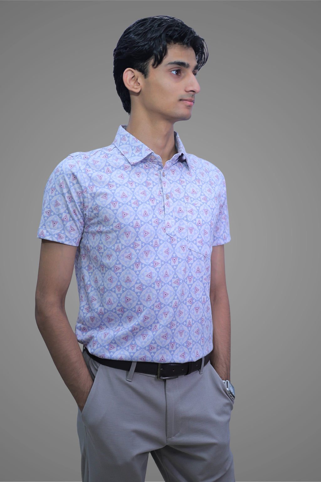 FORMAL OFFICE POLO - Blue/Pink Triangular Print inspired by Symmetrical Art
