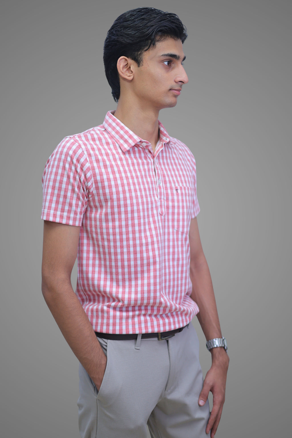 FORMAL OFFICE POLO -Pink Brick Madras Check Print inspired by Brick in the Wall